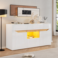 Buffet de salon blanc et bois avec 4 tiroirs et éclairage LED, design élégant, armoire élégante