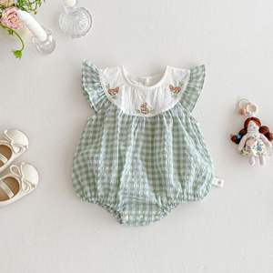 2025 nuevo bolso a cuadros de verano para niña Bebé Ropa de pedo súper lindo bordado conejo liebre manga voladora ligero 2 uds sólido - Product Image 6