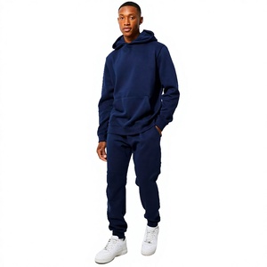 Ensemble de survêtement bleu marine à capuche pour homme, couleur unie, décontracté, sweat-shirt et pantalon pleine longueur, 100 % coton, poids moyen, coupe classique - Product Image 1