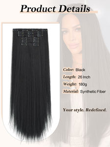 Siyah Uzun İpeksi Düz Sentetik Klipsli Saç Uzatma Seti 6 Parça Sentetik Elyaf Doğal ve Gerçekçi 26 inç - Product Image 4