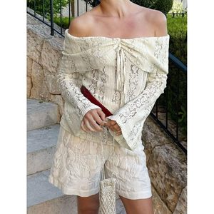Lace Off Shoulder <b>Bell</b> Sleeve Crop Top Women Back Zipper Sheer Layer Y2K Party Holiday Wear - Product Image 3
