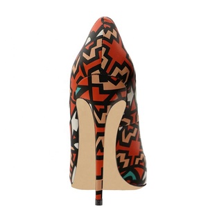 Size 45 Red Geometric Printed Korea Women High Heel Pointed Toe Dress <b>Shoes</b> 12cm Heels Pumps Ladies Stiletto - Product Image 4