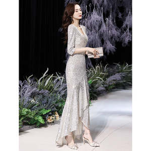 Mermaid Evening Gown Silver <b>Sequins</b> V-Neck Asymmetric Elegant Dress For Coming Of Age Ceremony - Product Image 2