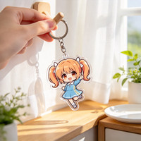 Porte-clés en plastique transparent holographique avec motif anime imprimé numériquement sur mesure, emballage carton, vente en gros