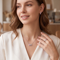 Ensemble de bijoux personnalisés en gros en argent sterling S925 plaqué rhodium avec zircone cubique rose sertie griffe, comprenant collier, boucles d'oreilles et bague en forme de cœur