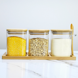 500ml Food storage container spice jars with spoon and bamboo lids kitchen storage bottles square glass jar