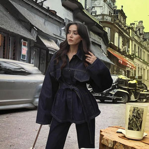 Chaqueta vaquera holgada vintage lavada con cintura ajustable y solapa para mujer, nueva colección primavera-verano-otoño 2025 - Product Image 3