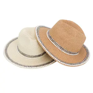 Woven Pearl straw hat fashionable sequins top hat Women's ladies Outdoor big brim Panama hat wholesale