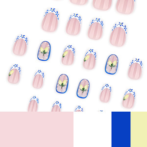 Faux ongles à presser Ovale, motif floral citron bleu, style French Manucure, peints à la main, réutilisables, longue tenue, pour l'été, <span class=keywords><strong>Nail</strong></span> <span class=keywords><strong>Art</strong></span> de vacances DIY - Product Image 4