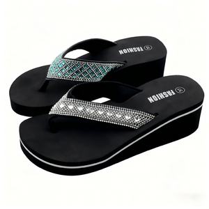 Sandales compensées à talon haut tendance avec strass, à lanières larges, noires, à plateforme, semelle épaisse, pour la plage, avec logo personnalisé - Product Image 2