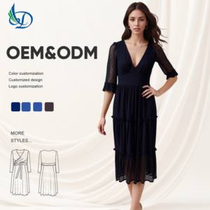 Chic negro cuello en V escalonado Midi <span class=keywords><strong>vestido</strong></span> imperio cintura volantes fruncido sólido dulce ODM OEM servicio para día noche Galas XS - Product Image 1