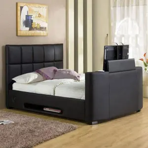 عالية الجودة أسود سرير حديث أثاث غرفة بو الجلود سرير ملكي تلفزيون سرير حديث مع التلفزيون