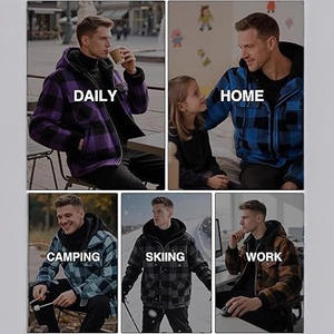 Мужская экологичная флисовая толстовка из фланели с клетчатым узором, воротником-стойкой, зимняя, с логотипом спереди, на одной пуговице, с подкладкой из полиэстера, мягкая и теплая - Product Image 3