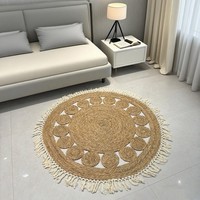Tapis d'intérieur en jacinthe d'eau naturelle tissé à la main, à poils moyens, avec support en jute, motif rayé bicolore à points creux, style bohème