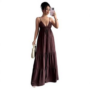 ヨーロッパとアメリカのヴィンテージ風エレガントなストラップ付き高級ナイロンAラインロングドレス レディース服 2025春夏向け - Product Image 1