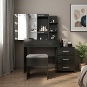 Black Dressing Table <b>Vanities</b> 5 Pumps 2 Shelves 3 Dimming Light Bulbs Triamine Veneer <b>Mirror</b> Cabinet - Product Image 2