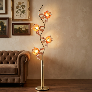 Lampe sur pied florale élégante, design lotus à 4 têtes, abat-jour en acrylique transparent en forme de pétales, lampe décorative LED à tige dorée en S - Product Image 3