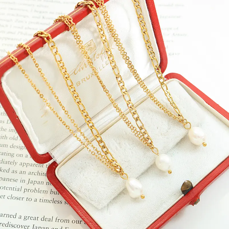 AIZL Double chain freshwater pearl necklace female clavicle neck chain titanium steel plated 18 karat gold pearl necklace