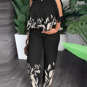 Nouvelle Collection : Ensemble 2 Pièces Chic Imprimé Floral – Hauts et Pantalons en Satin à Col Rond, Coupe Ample Décontractée avec Taille Ceinturée, Grandes Tailles - Product Image 6