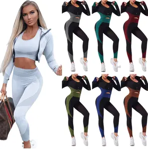 Women New 2/3PCS Knitted Yoga Sets Deporte Athleisure Butt Lifting Gym Outfit Long Sleeve Sport Bra Seamless Yoga Sets
