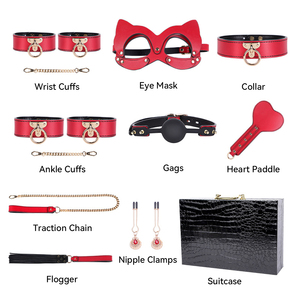 BANSEY Kit de Contrainte BDSM de Luxe en Cuir Véritable avec Chaîne Métallique Dorée, Collier Ras-du-Cou, Bouche-balle, Paddle en Forme de Cœur et Valise - Product Image 1