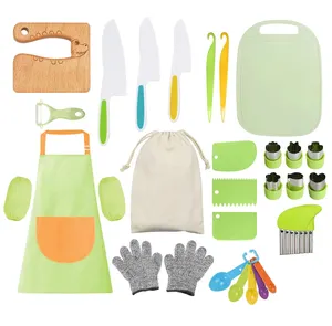 समर्थन अनुकूलन 29PCS बच्चों रसोई महाराज चाकू सेट बच्चे सुरक्षित चाकू काटने बोर्ड एप्रन, बच्चों असली खाना पकाने के लिए चाकू सेट