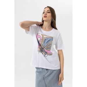 T-shirt da donna con dettaglio in paillettes stampato multicolore bianco frontale