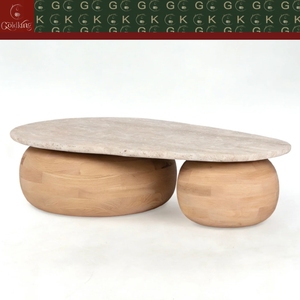 Mesa <span class=keywords><strong>de</strong></span> Centro Escandinava GOLDKING <span class=keywords><strong>de</strong></span> Travertino con Base <span class=keywords><strong>de</strong></span> Madera y Orificios Naturales, OEM ODM Directo - Product Image 3