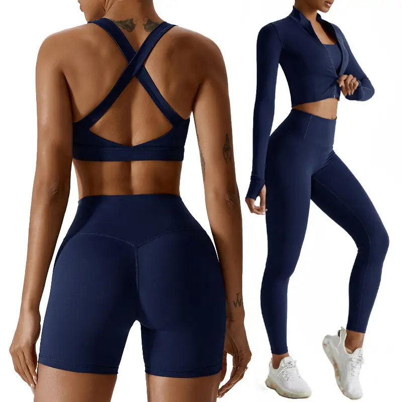 Women Gym Wear 4PCS Yoga Set Sportswear Long Sleeve Workout Jacket High Waist Sports Fitness Yoga Leggings Gym Fitness Set