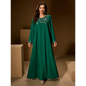 LEDUO Customized Elegant Luxury Women Crystal <b>Flare</b> Sleeve Green Muslim Daily Dress - Product Image 1