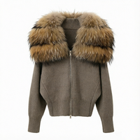 Cardigan décontracté pour femme, col en V, tricoté à l'ordinateur, uni, manches longues, avec col en vraie fourrure de renard, veste courte zippée pour l'automne