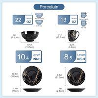 LOVECASA Assiettes et bols noirs pour 4 personnes, Service de table en porcelaine 16 pièces, Ensemble de vaisselle en céramique avec glaçure dorée, Assiettes rondes