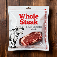 Emballage en plastique plat personnalisé avec finition brillante pour viande, bœuf, saucisse, nourriture, collation, emballage en mylar, emballage résistant au soleil, emballage refermable