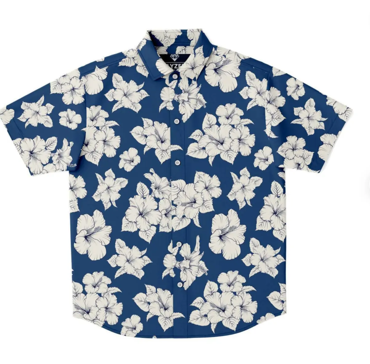 2024 Individuelles neuestes hawaiianisches weißes Hibiskus-Blumen-Druck blumend tropisch Herren Knopf-Down-Hemd Strandhemd für Herren