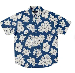 2024 Custom Latest Hawaiian White Hibiscus Flowers Print Floral Tropical Men's Button Down Shirt Beach Shirt For Men