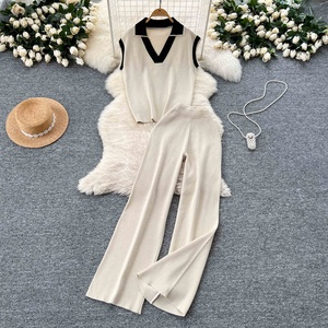 Conjunto de Dos Piezas para Verano, Top de Punto sin Mangas, Cuello Camisero Retro con Bloques de Color y Pantalones Anchos de Cintura Alta - Product Image 6