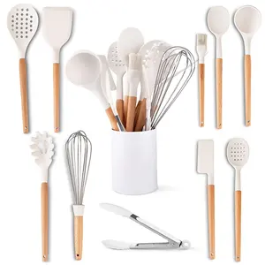 X020 Silicone kitchenware with wooden handle wood kitchen tools 12pcs set cooking white utensils set per box supplier