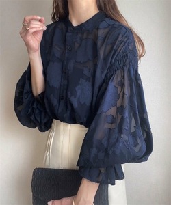 Camisa de Mujer con Cuello Alto, Manga Abullonada, Tejido Floral, Transparente, con Botones, Ecológica, Transpirable, Moda de Verano - Product Image 5