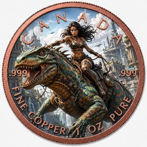 Pièce de monnaie en cuivre pur .999 de 1 oz, Canada, fantaisie, dinosaure, guerrier, femme, couleur cuivre, médaille de collection - Product Image 1