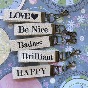 Custom Cream Circle Jet Tag Embroidery Keychain Wristlet <b>Key</b> Fob in Jet Tag Canvas Fabric Made <b>Leather</b> Plush Nylon-for Gifts - Product Image 2