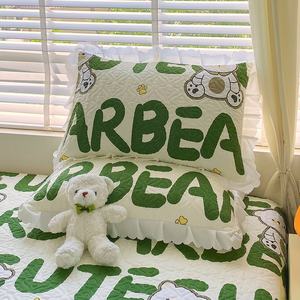 Set sarung bantal tepi katun berlapis Korea, Lembut ramah kulit jahitan cetak bunga penggunaan rumah baru bantal dapat dicuci - Product Image 2