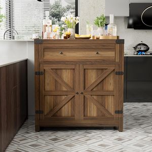 Coffee bar Gabinete Farmhouse locker con cajones y estantería ajustable Barn Door Locker (marrón) - Product Image 5