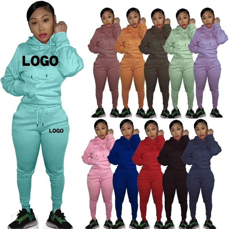 Custom Logo Women Hoodie 2 Piece set Winter Solid Color Hoodie Women Knitted Sweater Jogger Women Two Piece Set