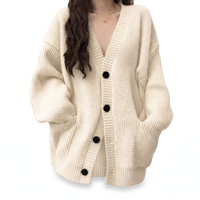 Cardigan en tricot ample à col en V pour femme, couleur unie décontractée mi-longue, collection printemps-automne, vêtements féminins transfrontaliers en gros