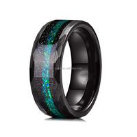 POYA Bague de mariage en grès galaxie martelé 8mm noir tungstène vert opale de feu pour homme