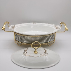 Plat de service de luxe en céramique 1,5L/2L avec incrustations de diamants, chauffe-plat de buffet en porcelaine avec couvercle pour mariages, hôtels et banquets - Product Image 6