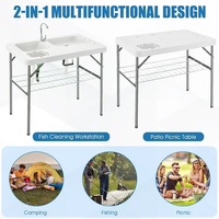 Table de filet pliante de camping en plein air de haute qualité avec filet de stockage de pulvérisateur de nettoyage de 2 éviers