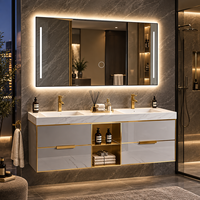 Meuble-lavabo de salle de bain moderne suspendu en marbre, ensemble double vasque avec lavabo et miroir LED pour projets hôteliers