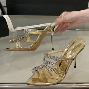 Sandalias de tacón alto y fino para mujer, con diamantes de imitación, correa de serpiente, zapatos de verano, mules de tacón de aguja con punta puntiaguda y pedrería completa. - Product Image 4
