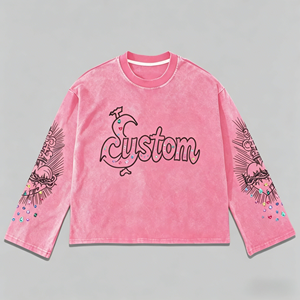 T-shirt personnalisé pour homme, 100% coton, délavé à l'acide, imprimé strass vintage, manches style <span class=keywords><strong>tatouage</strong></span> gothique, coupe oversize à épaules tombantes, streetwear - Product Image 1